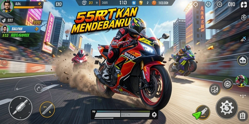 Tangkapan layar gameplay 55RT menampilkan aksi balapan motor yang mendebarkan.