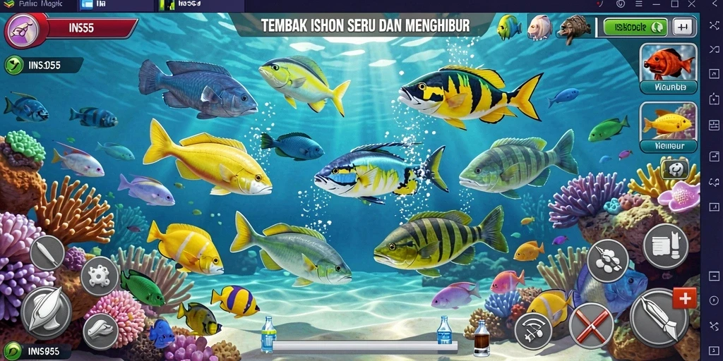 Screenshot utama INS55 menampilkan aksi seru Tembak Ikan dengan grafis berwarna-warni.