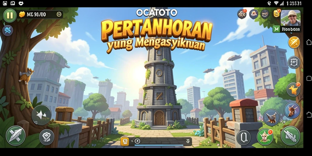 Screenshot gameplay OCATOTO dengan menara bertahan melawan gelombang musuh.
