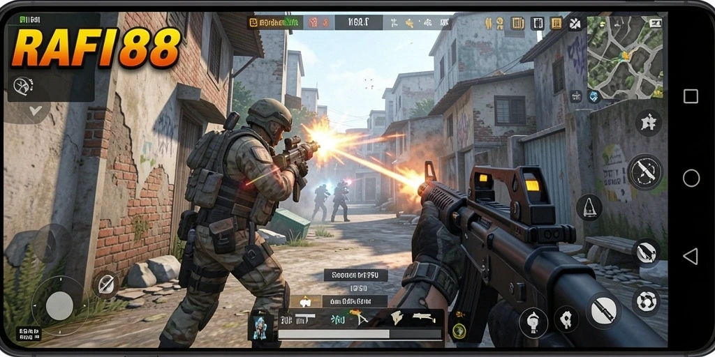 Tampilan aksi mendebarkan dalam game FPS RAFI88.