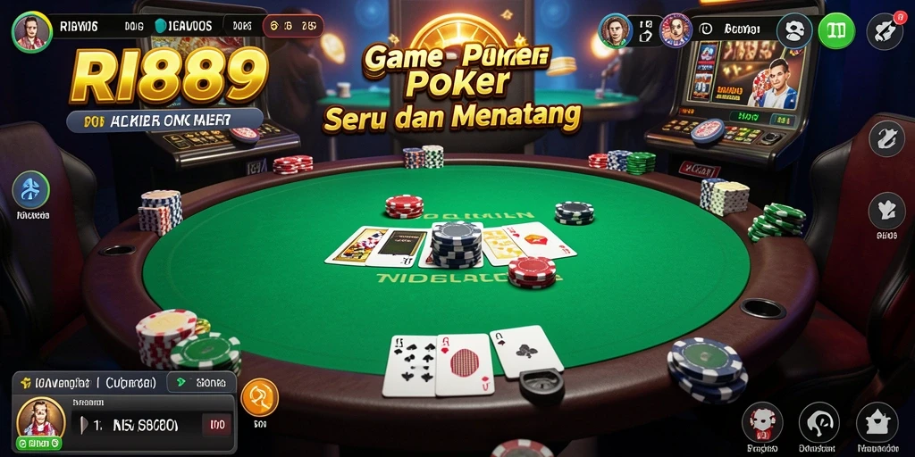 Tampilan gameplay seru dari RI889 dengan pemain berkompetisi di meja poker.