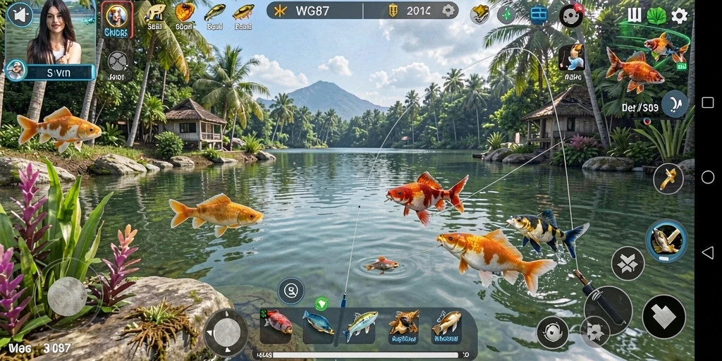 Tampilan gameplay dari aplikasi WG87 saat memancing di sungai.